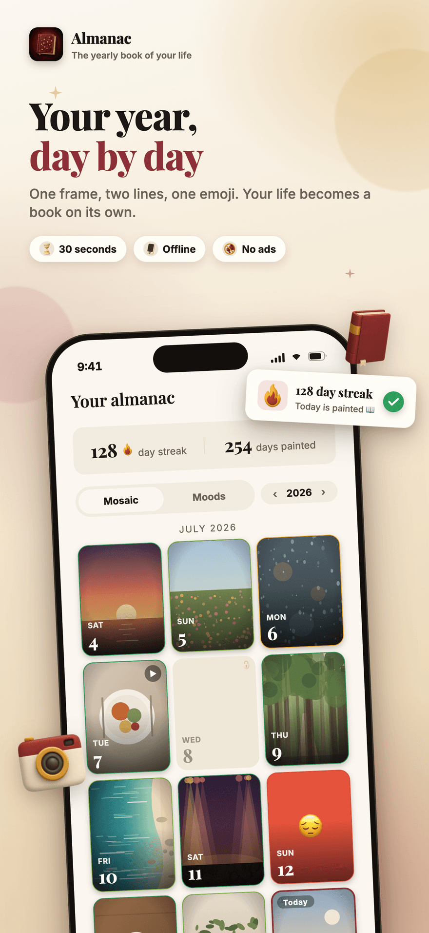 Almanac home screen: a year of days as a photo mosaic, with the current streak and the number of days painted