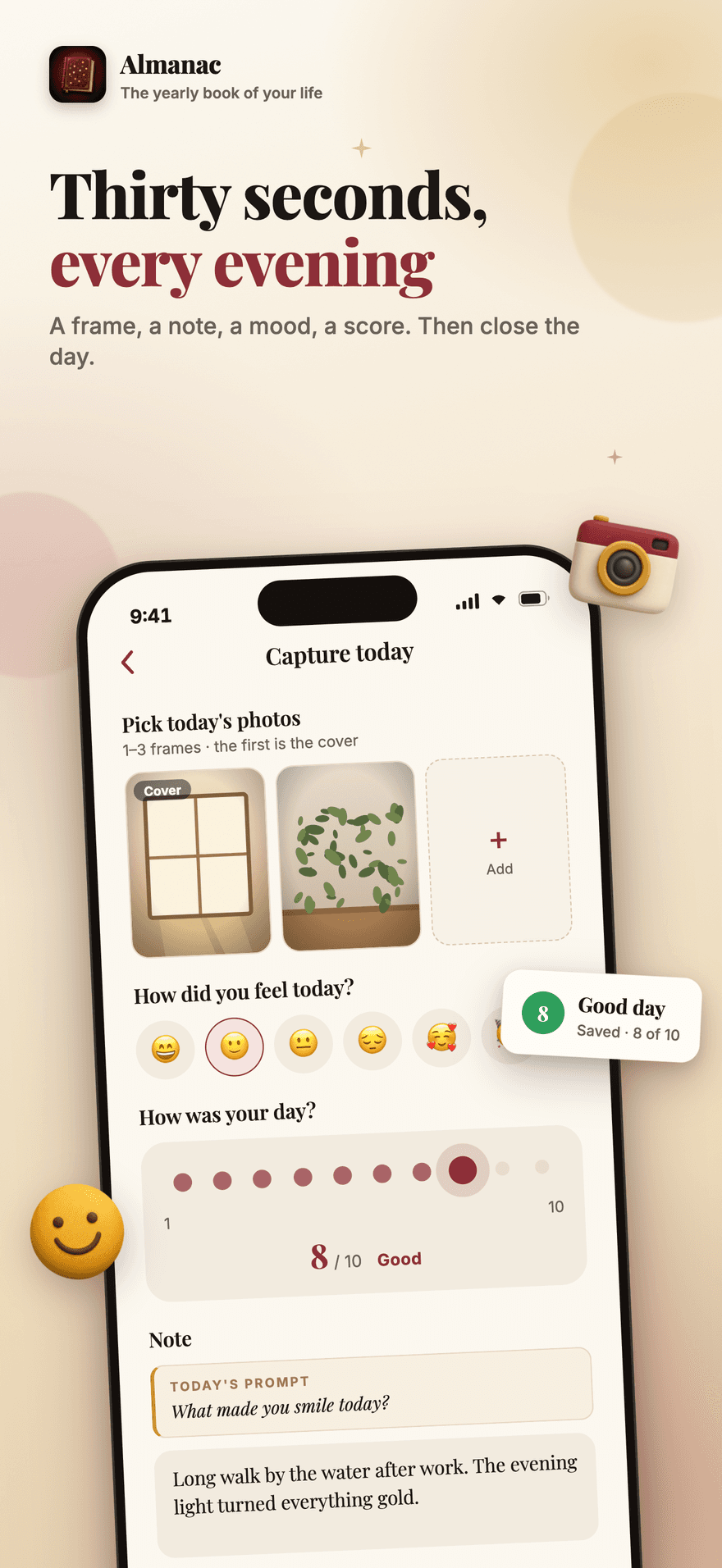 The Almanac day editor with a photo, a two-line note, a mood emoji and a one-to-ten score for the day