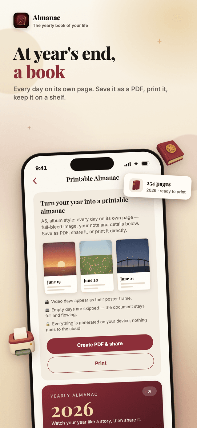 Almanac printable yearly book with one page per day