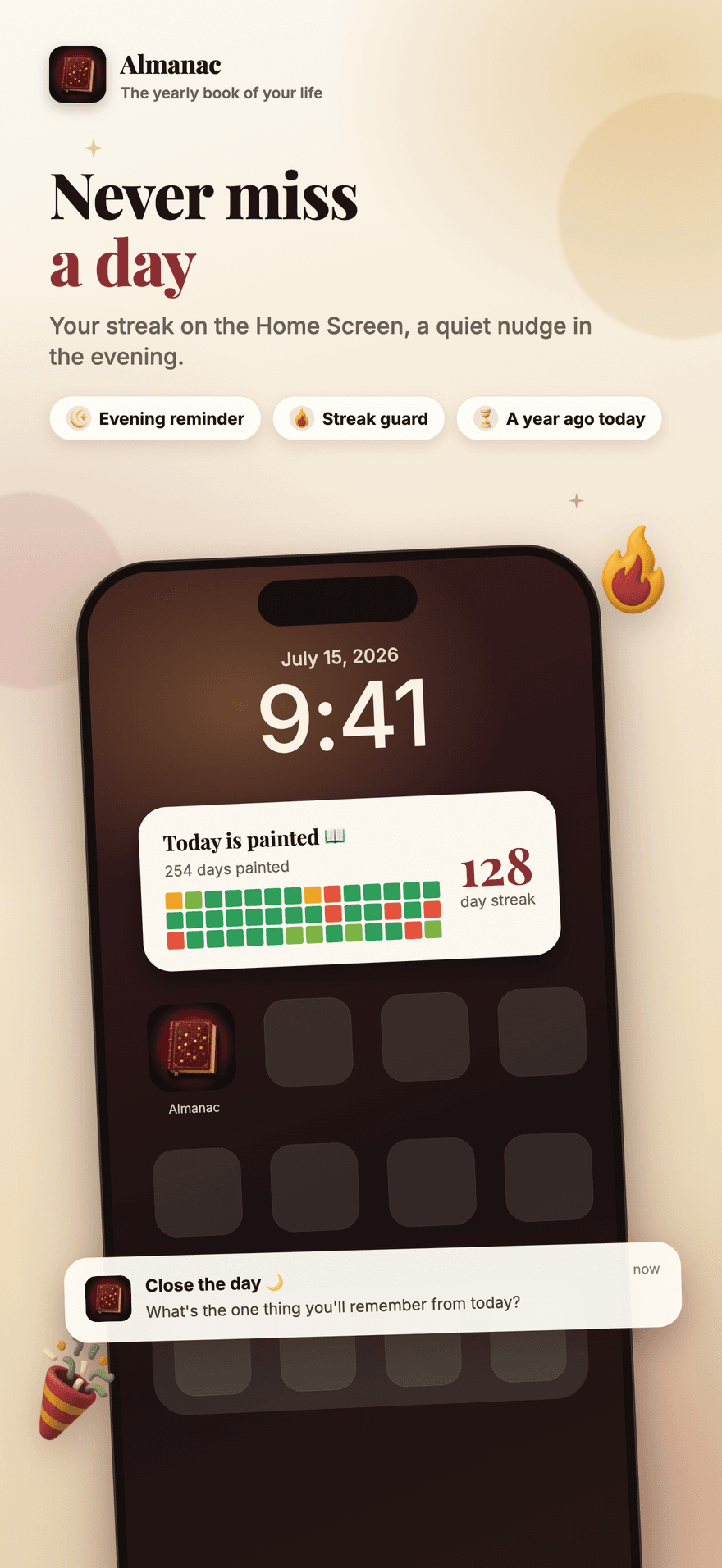 The Almanac Home Screen widget showing the streak, next to a quiet evening reminder